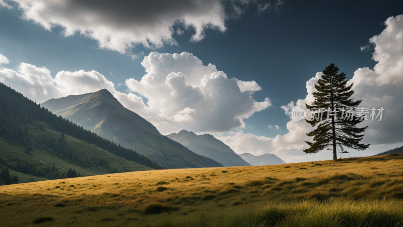 一棵孤独的树在草山上高清风景图片