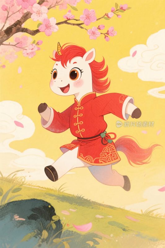 卡通小马传统服饰奔跑插画