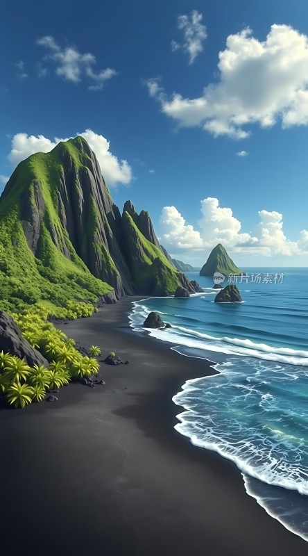 翠绿山峦与蔚蓝大海相映成趣的黑沙滩美景