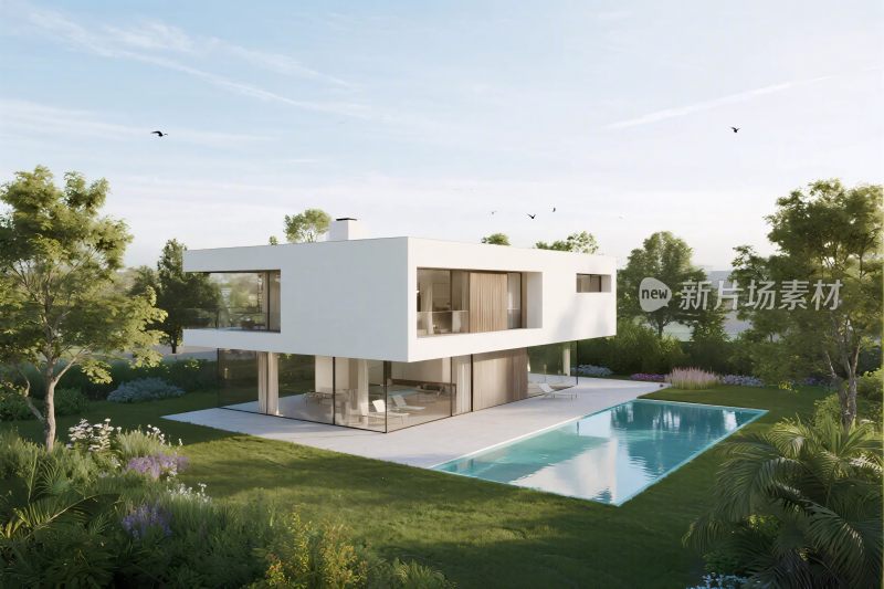 现代别墅与泳池景观