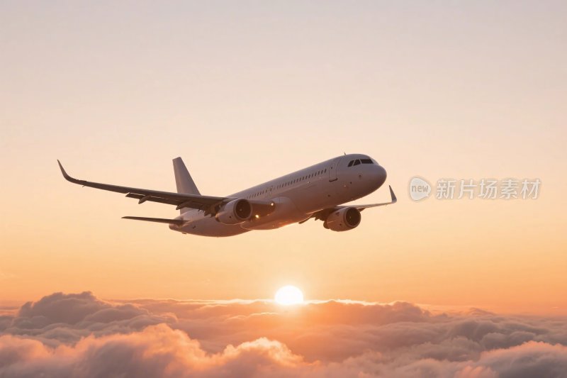 日落中飞机飞行场景