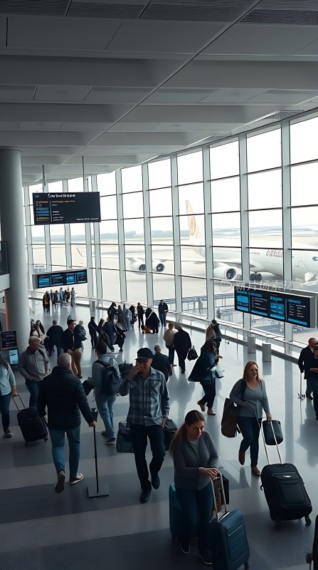 机场候机大厅旅客们拉着行李箱排队等待登机