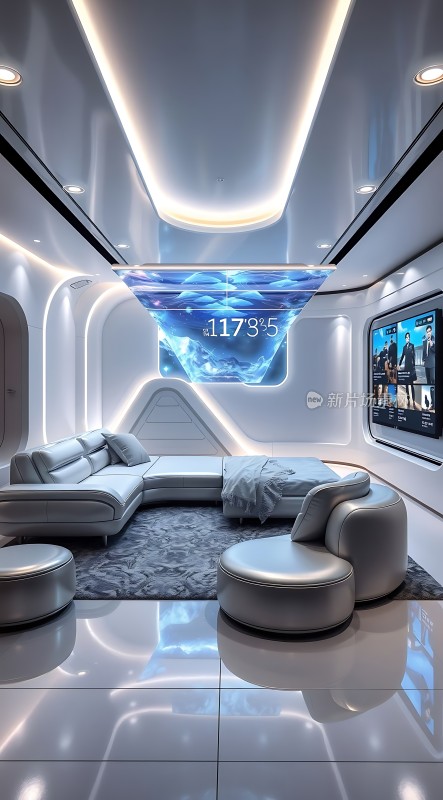 未来科技感卧室白色简约设计蓝色地毯和沙发墙面大屏幕显示