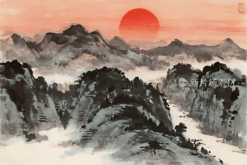 水墨山水夕阳画