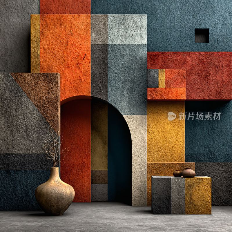 多彩几何墙面与摆件场景