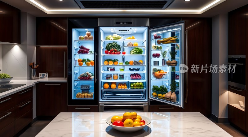现代厨房冰箱满载新鲜蔬果