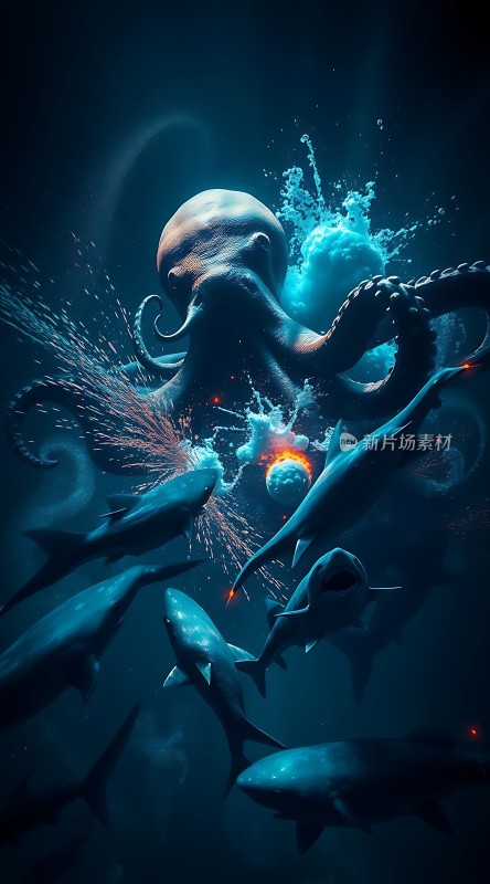 深海巨怪与鲨鱼激战