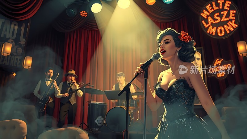 复古酒吧里的魅力女歌手与乐队演出