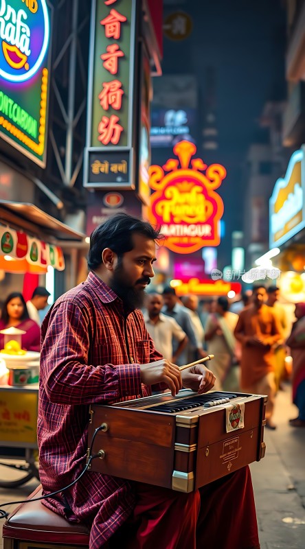 街头乐手与繁华夜市