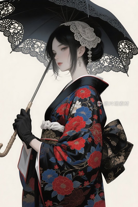 黑色油纸伞下的红蓝花卉和服美人