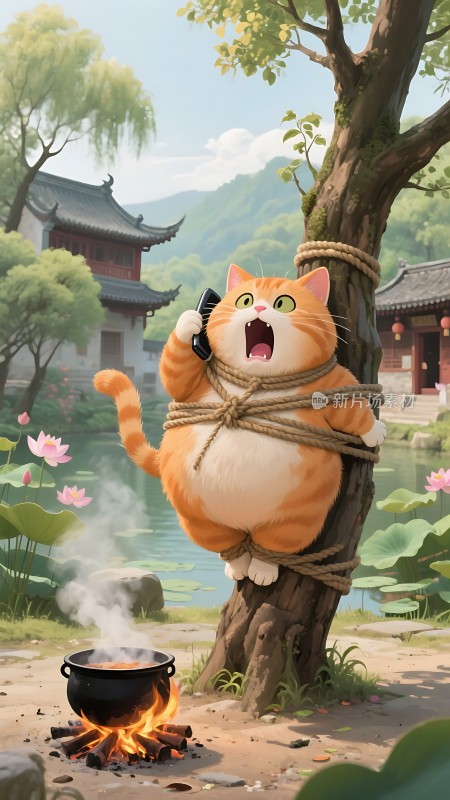 树上的橘猫打电话
