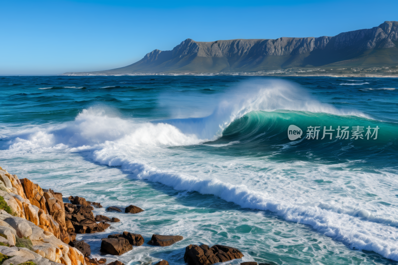 海浪拍打着海滩岸边的岩石高清图片