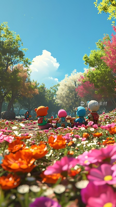 春日野餐卡通人物与自然美景共融