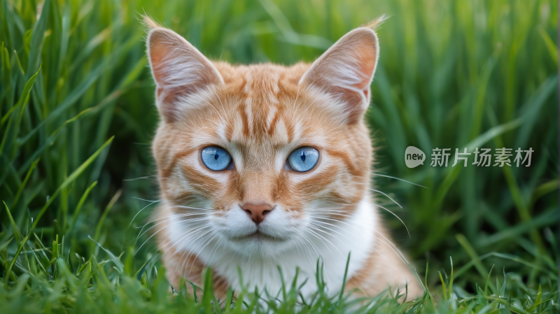 一只蓝眼睛的猫在草丛里风景图片