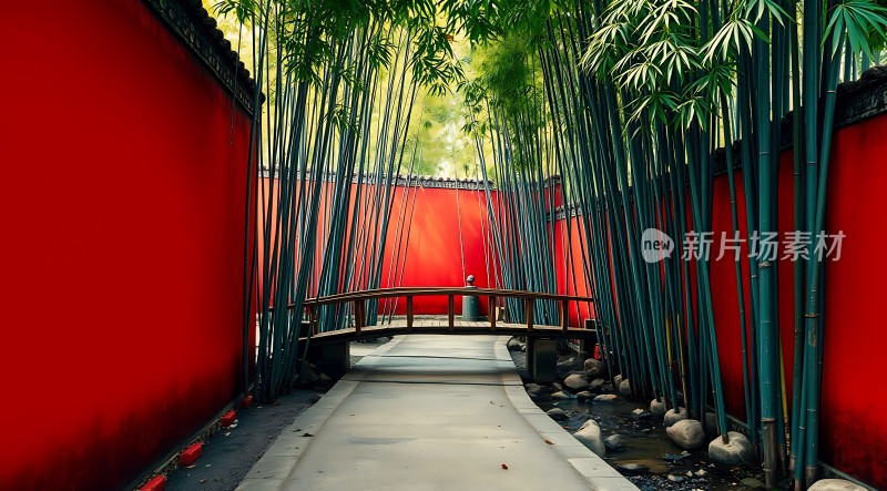 竹影斑驳映小桥红墙绿意绕径幽