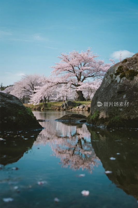 春日樱花倒影山水