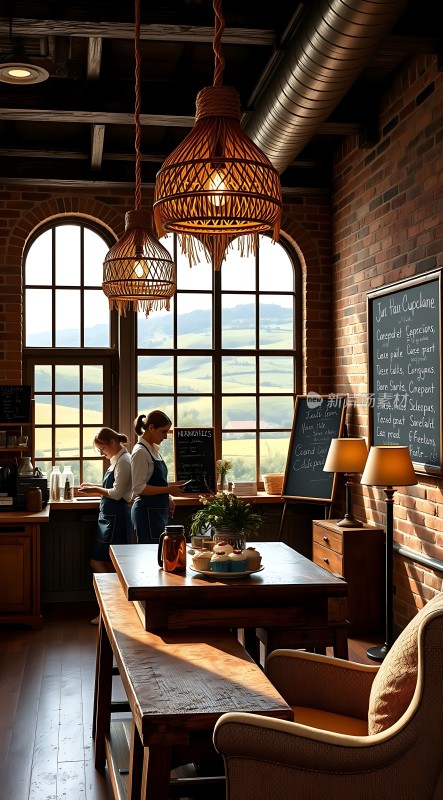温馨咖啡馆砖墙木桌自然光线舒适氛围