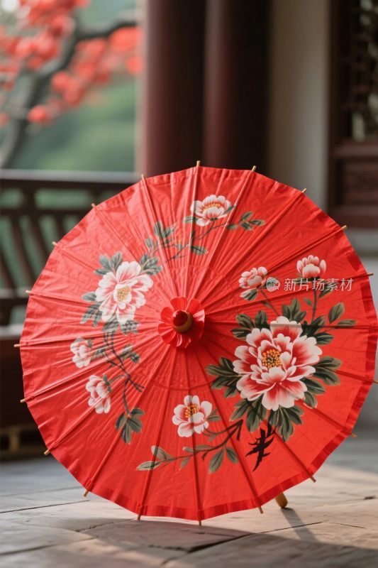 红色传统彩绘油纸伞