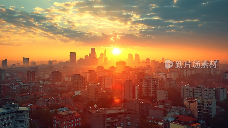 城市日出晨光洒满高楼林立的城市