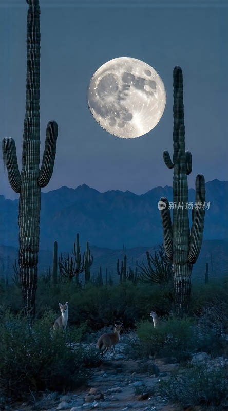 沙漠之夜仙人掌下的神秘月光