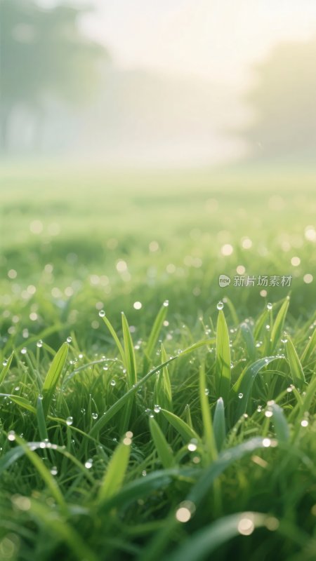晨露覆盖的嫩绿草地景象