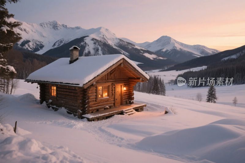 雪山木屋雪景图