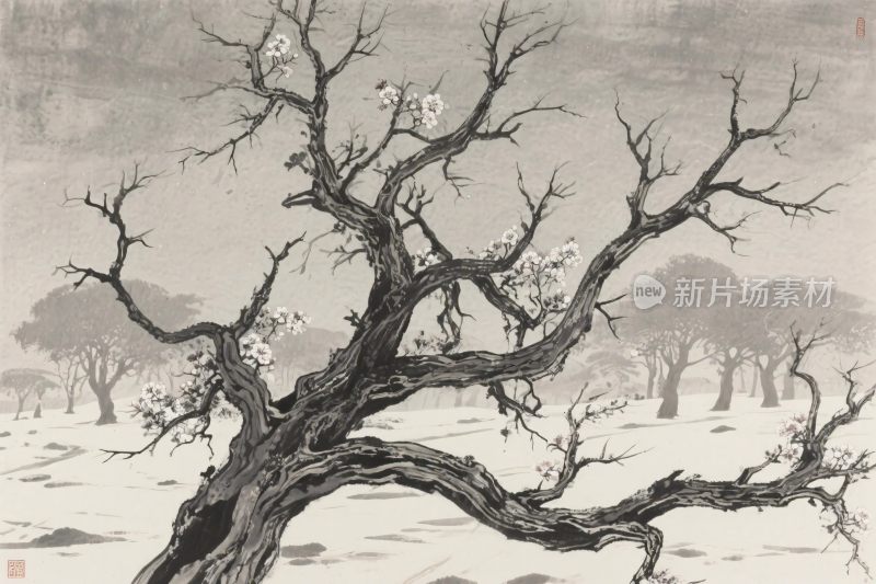 水墨枯树风景画