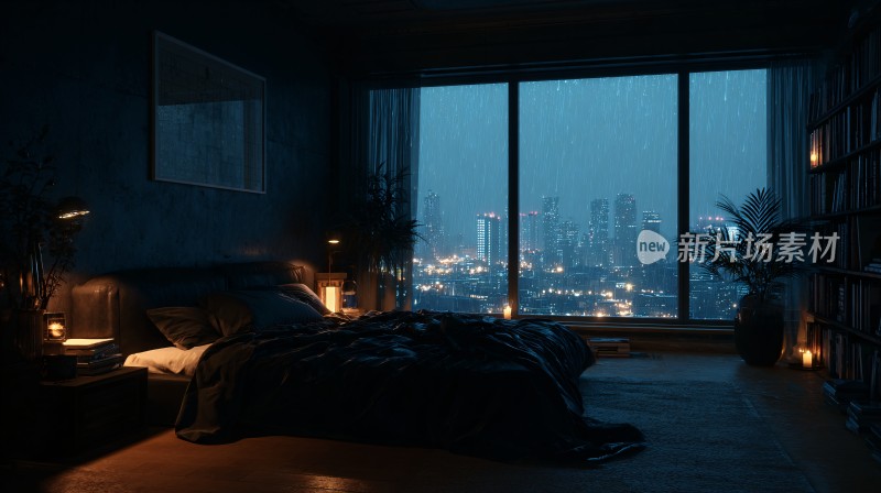 夜晚卧室窗外的城市景观