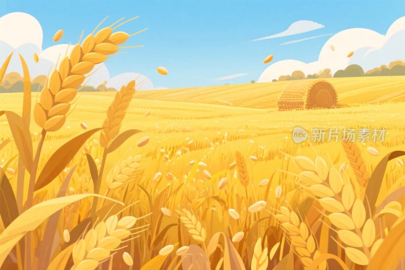 金黄麦田插画风景