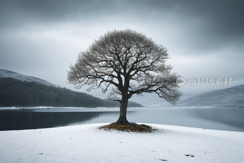 水边雪山上矗立着一棵孤树风光风景图片