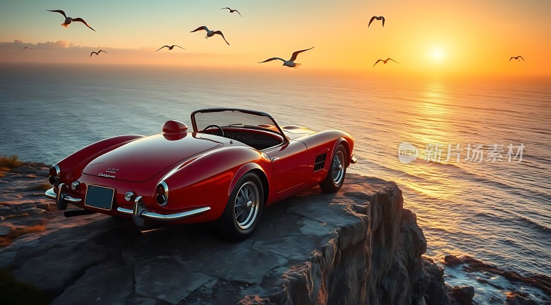 日落悬崖边红色敞篷车与海鸥共舞