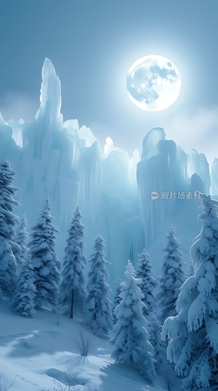 冰封雪原月光下的神秘山脉