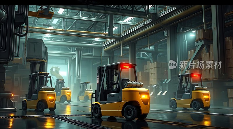 工业仓库里的黄色叉车