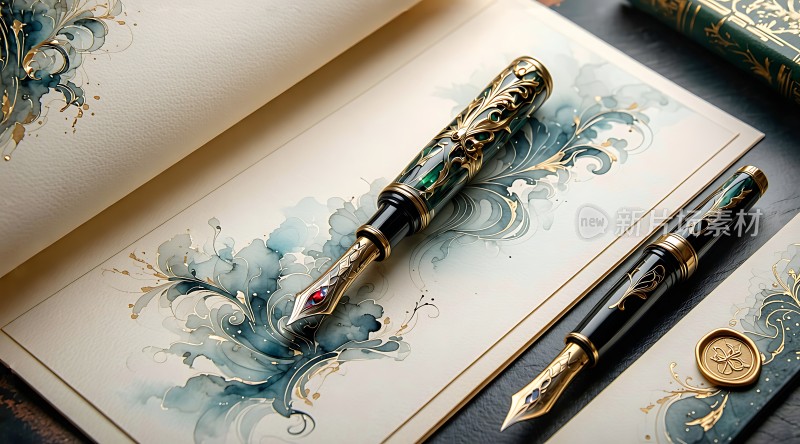 精美钢笔与艺术画作