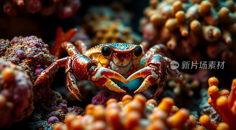 海底世界奇遇记红蓝相间的小螃蟹在珊瑚丛中探出头