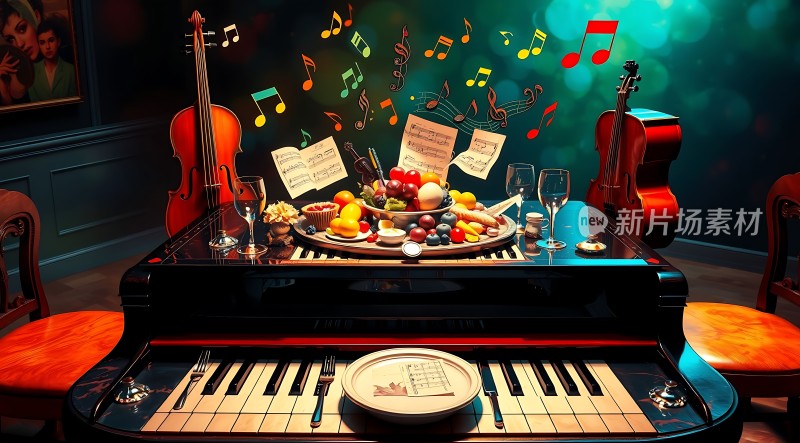 钢琴上的美食与音乐盛宴