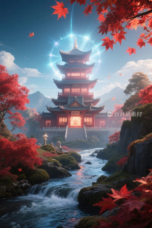 古建红枫山水美景图