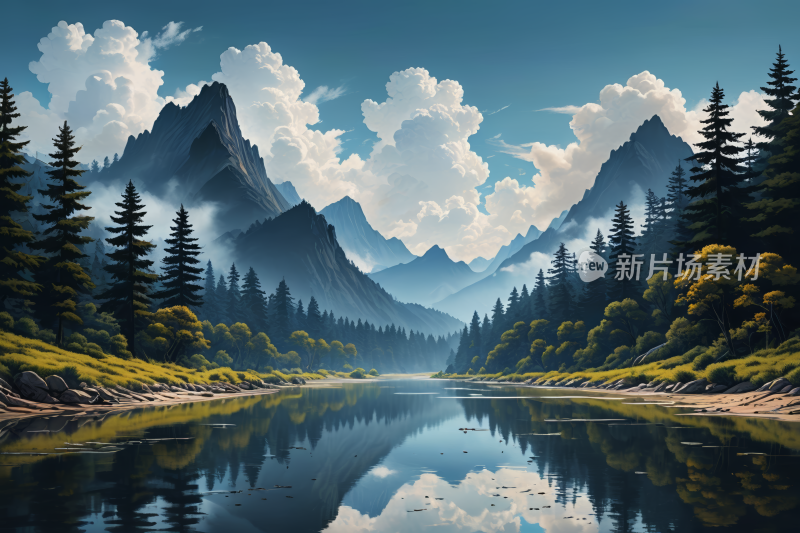 有湖泊和树木山景高清风景插画图片