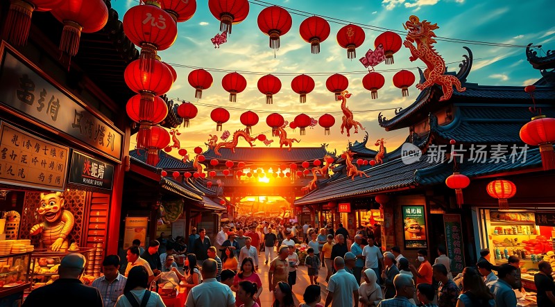 繁华夜市灯笼高悬人潮涌动热闹非凡