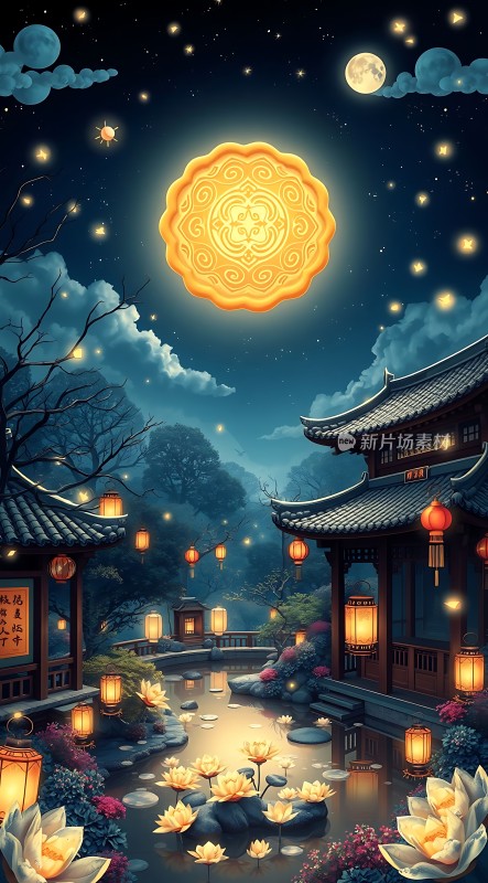 古风庭院夜色满月荷花灯笼
