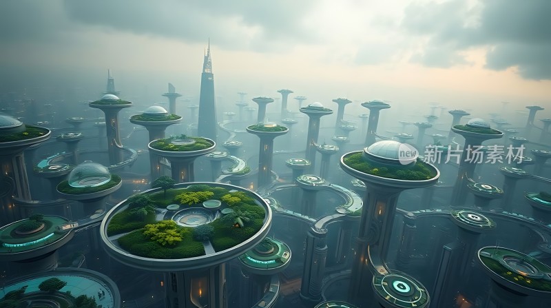 未来之城悬浮岛屿与摩天大楼