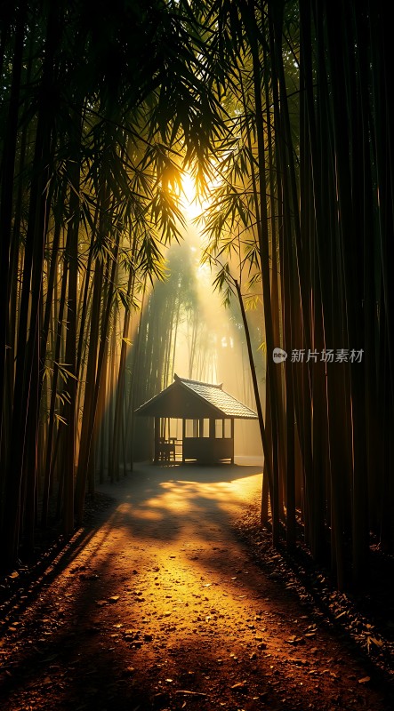 阳光下的竹林小亭