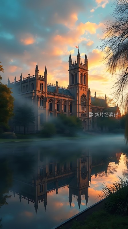 晨曦映照下的哥特式建筑倒影湖畔