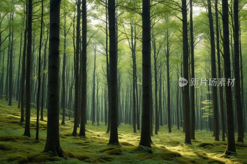 一片森林有很多树木和苔藓高清风景图片