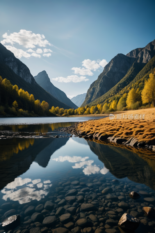 山倒映在田野中央的湖水中高清风景图片