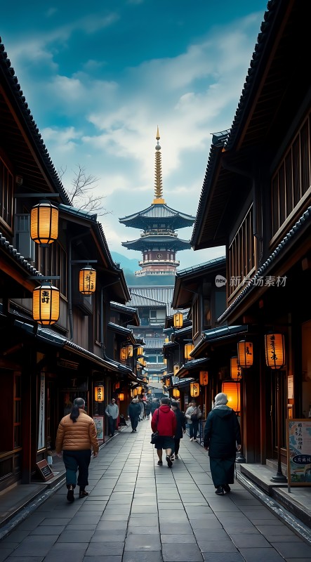 古街夜色灯火阑珊映塔影