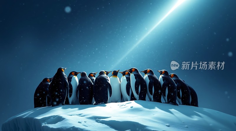 南极企鹅群聚雪地仰望星空