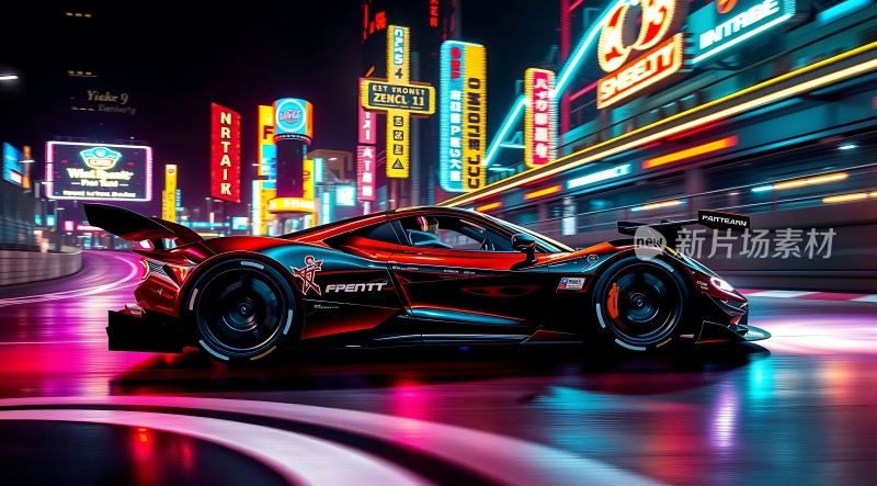 霓虹灯下疾驰的赛车
