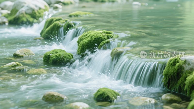山间溪流与覆青苔石块景象