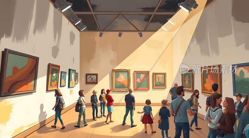 艺术馆内参观者众多画作琳琅满目